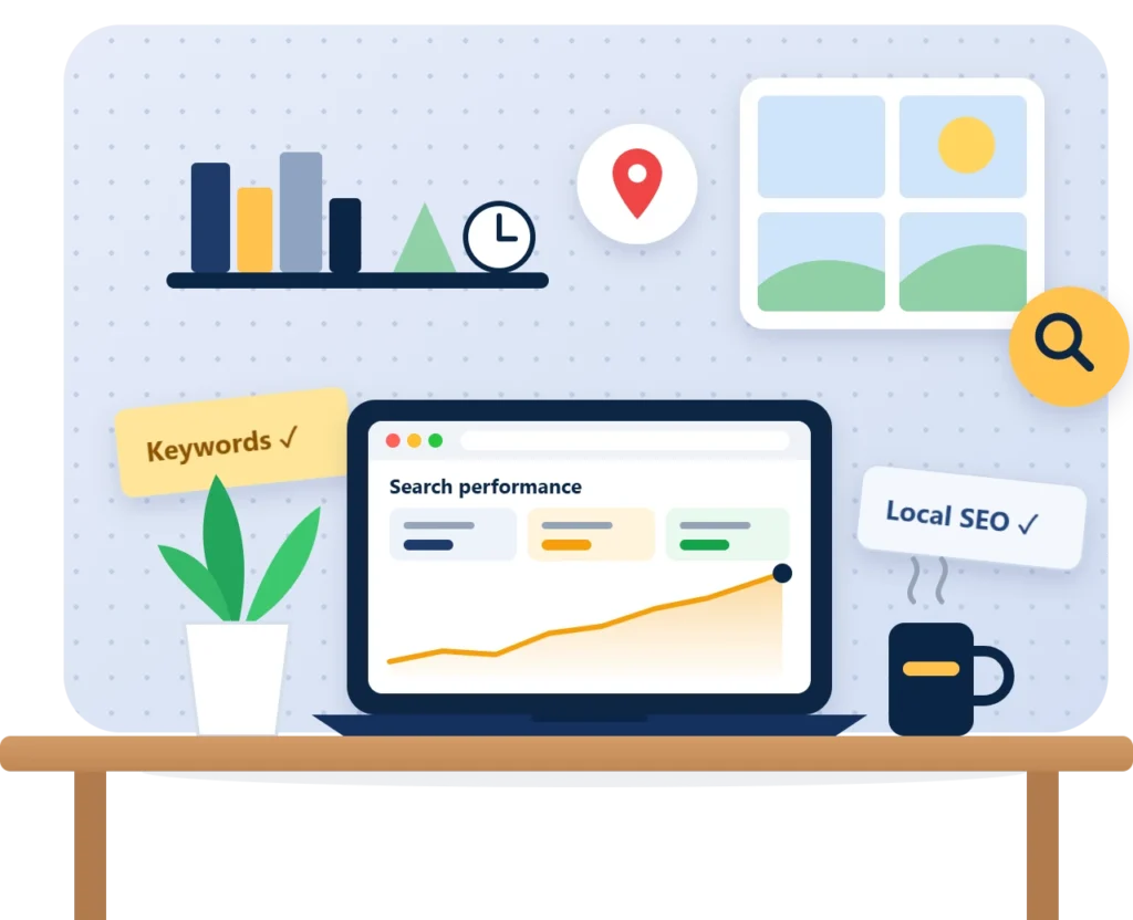 Illustration of an SEO workspace with a laptop showing rising search performance, keyword and local SEO notes